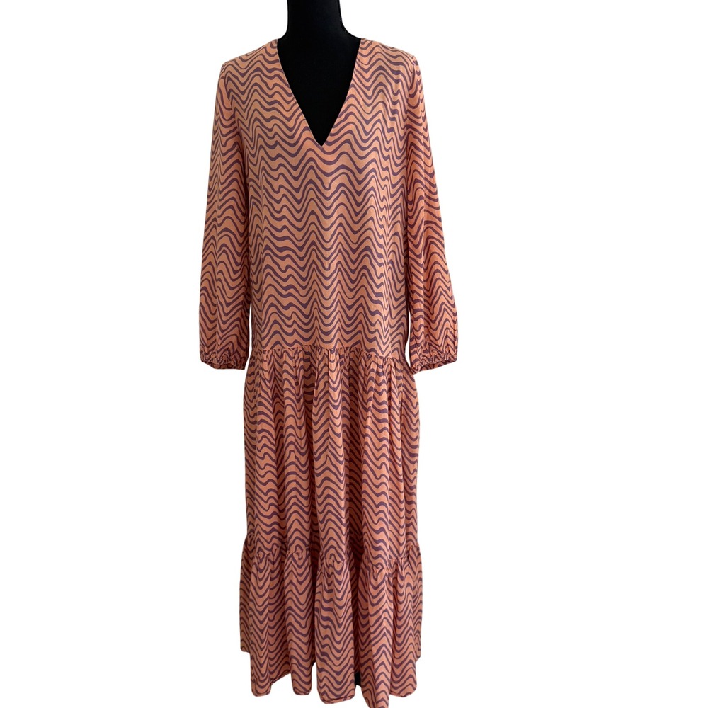 Zara Abstract Wave Print Tiered Maxi Dress Women's Medium 100% Cotton